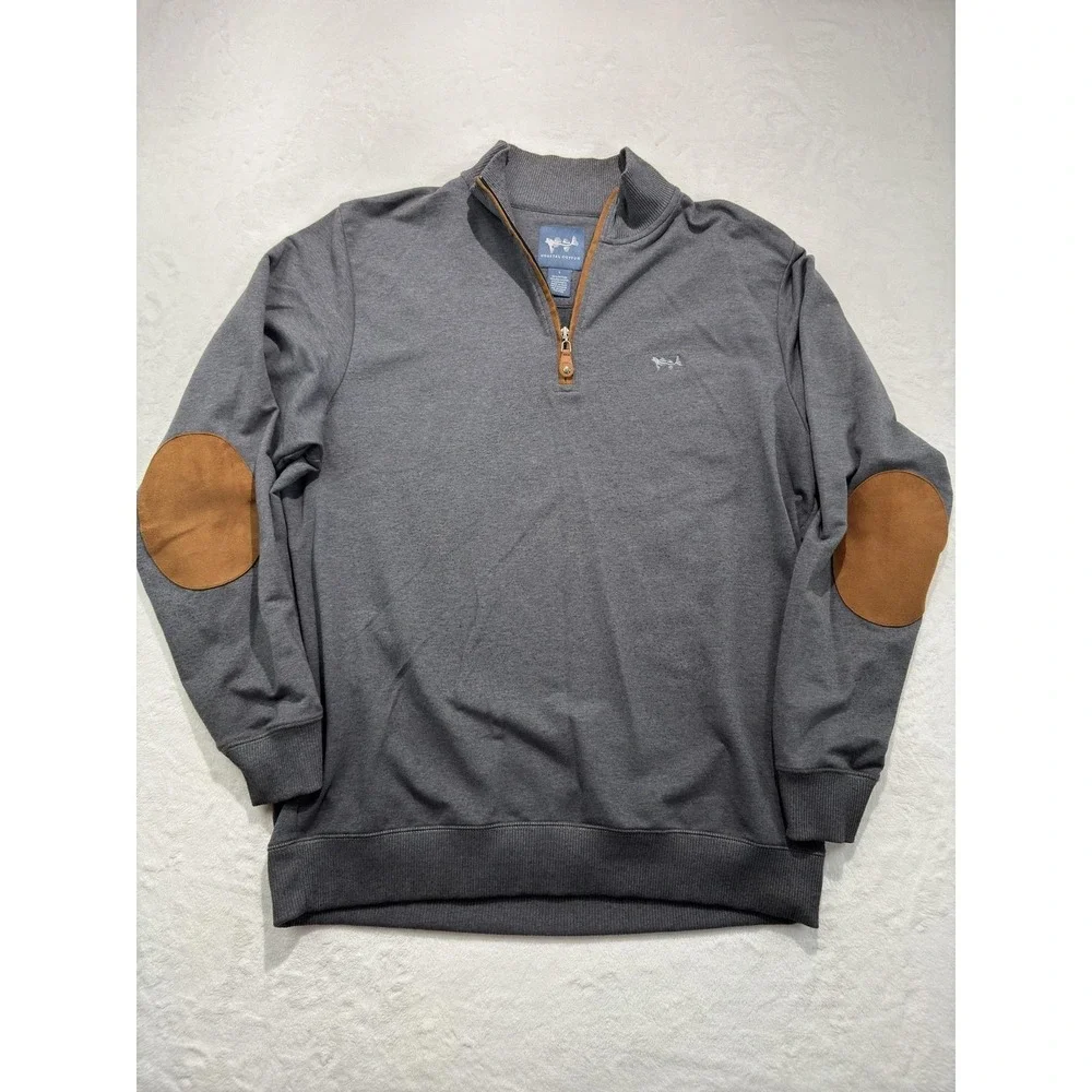 Coastal Cotton Sweater Mens Large Gray Quarter Zip Mock Neck Knit Elbow Patch